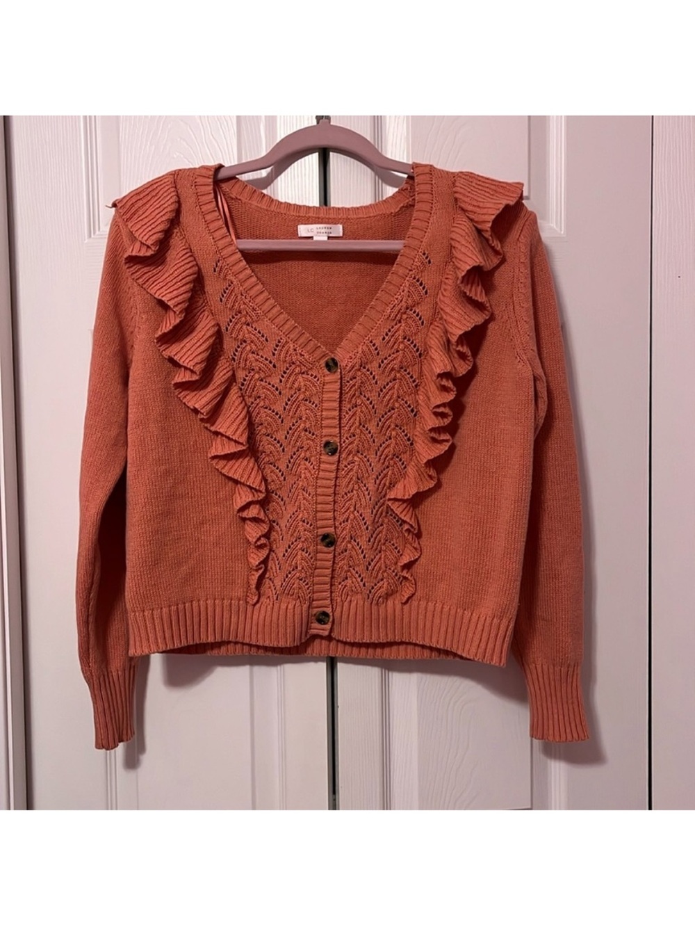 Ruffled V-Neck Button Cardigan - Coral